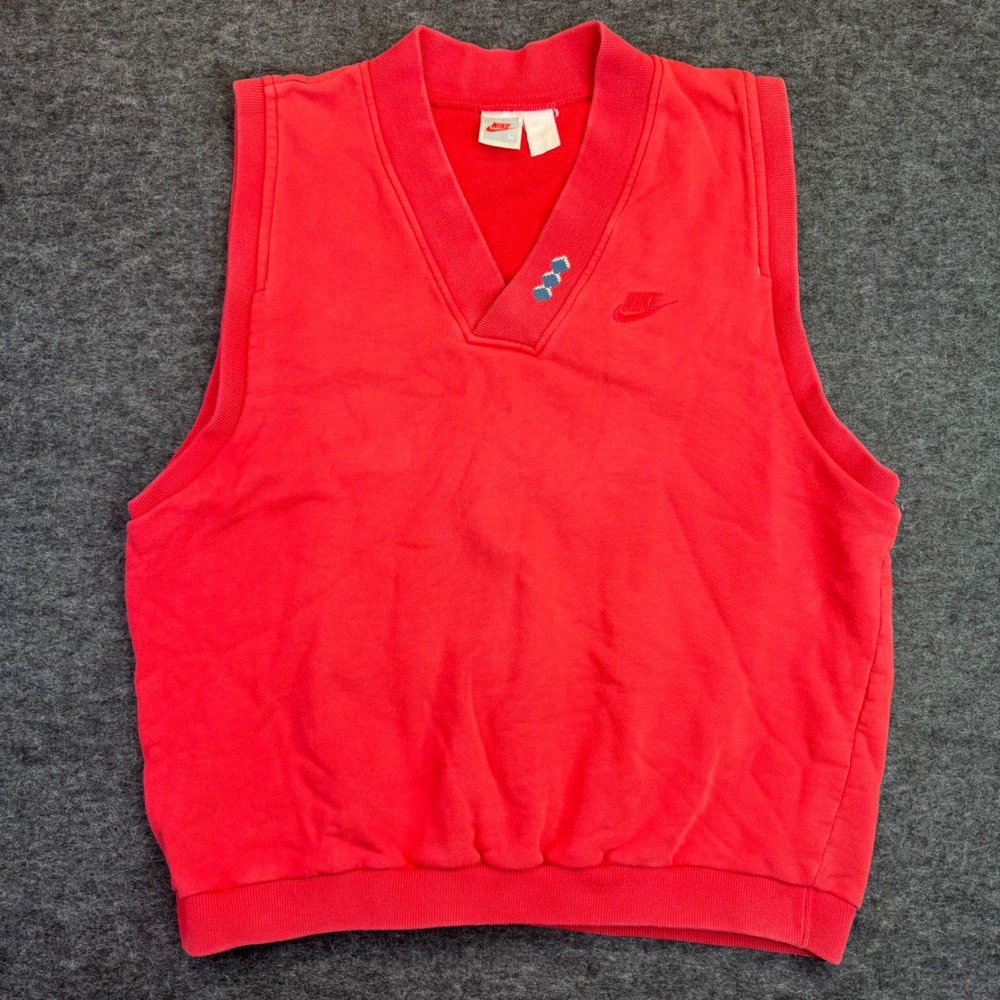 Vintage 90s Nike Sweatshirt Vest‎ Mens L Red V-Neck Swoosh Fleece Pullover